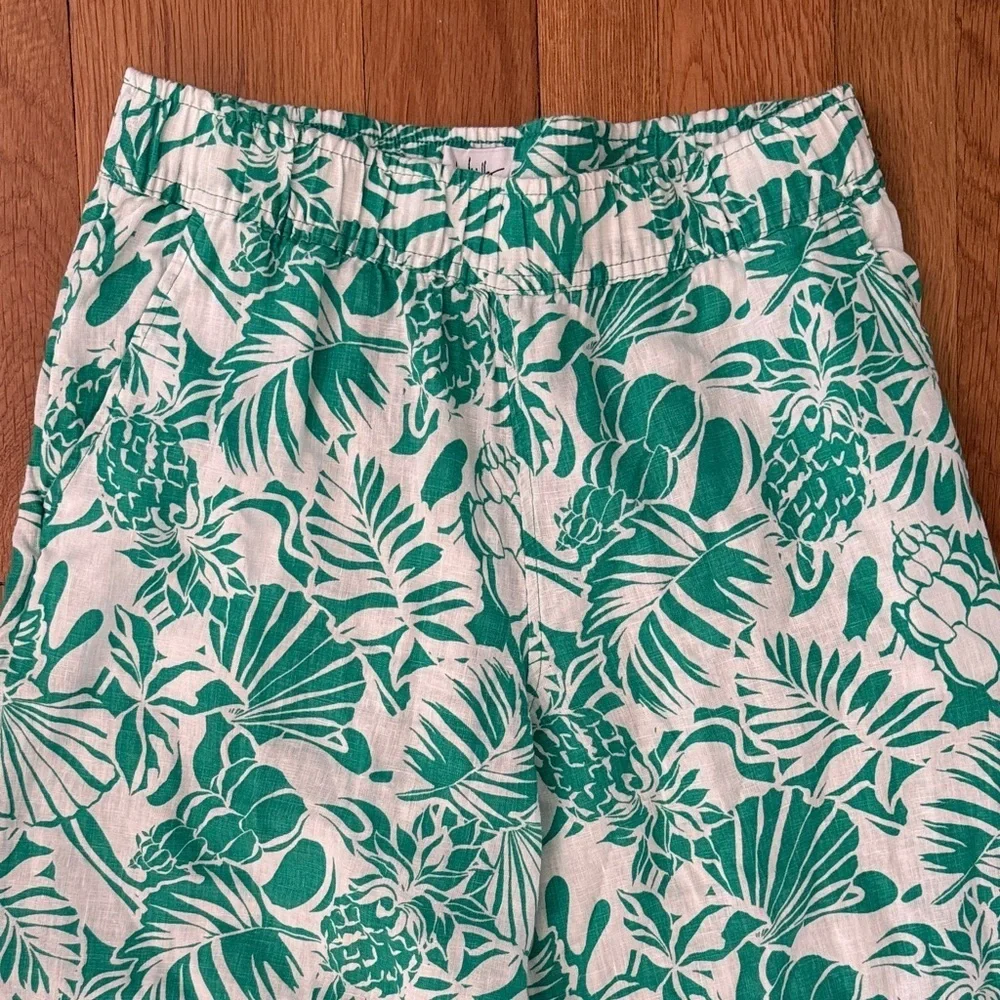 Nicole Miller 100% Linen Green Leaf Cropped Pants Pull On Elastic Waist Women S
